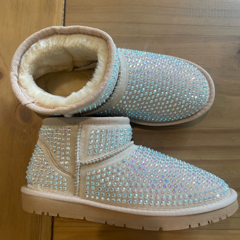 Never Worn. Women's nude rhinestone fuzzy bootie size 9